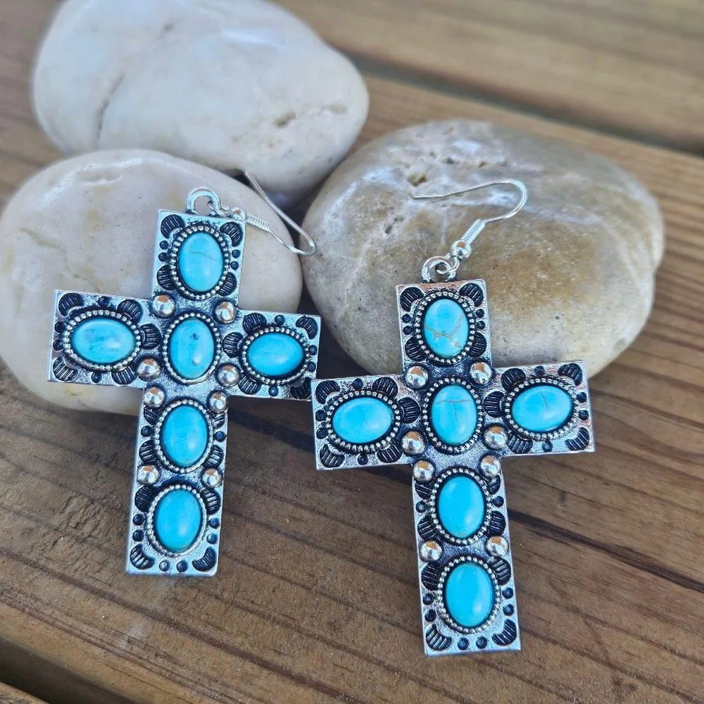 Western Boho Turquoise Cross Earrings - Picture 1 of 5